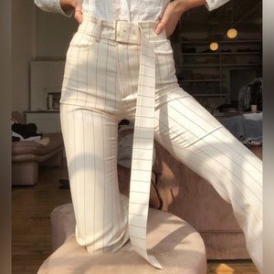 New ORSEUND IRIS Pinstripe Wool Belted Crop Flare Pants in Cream Red
